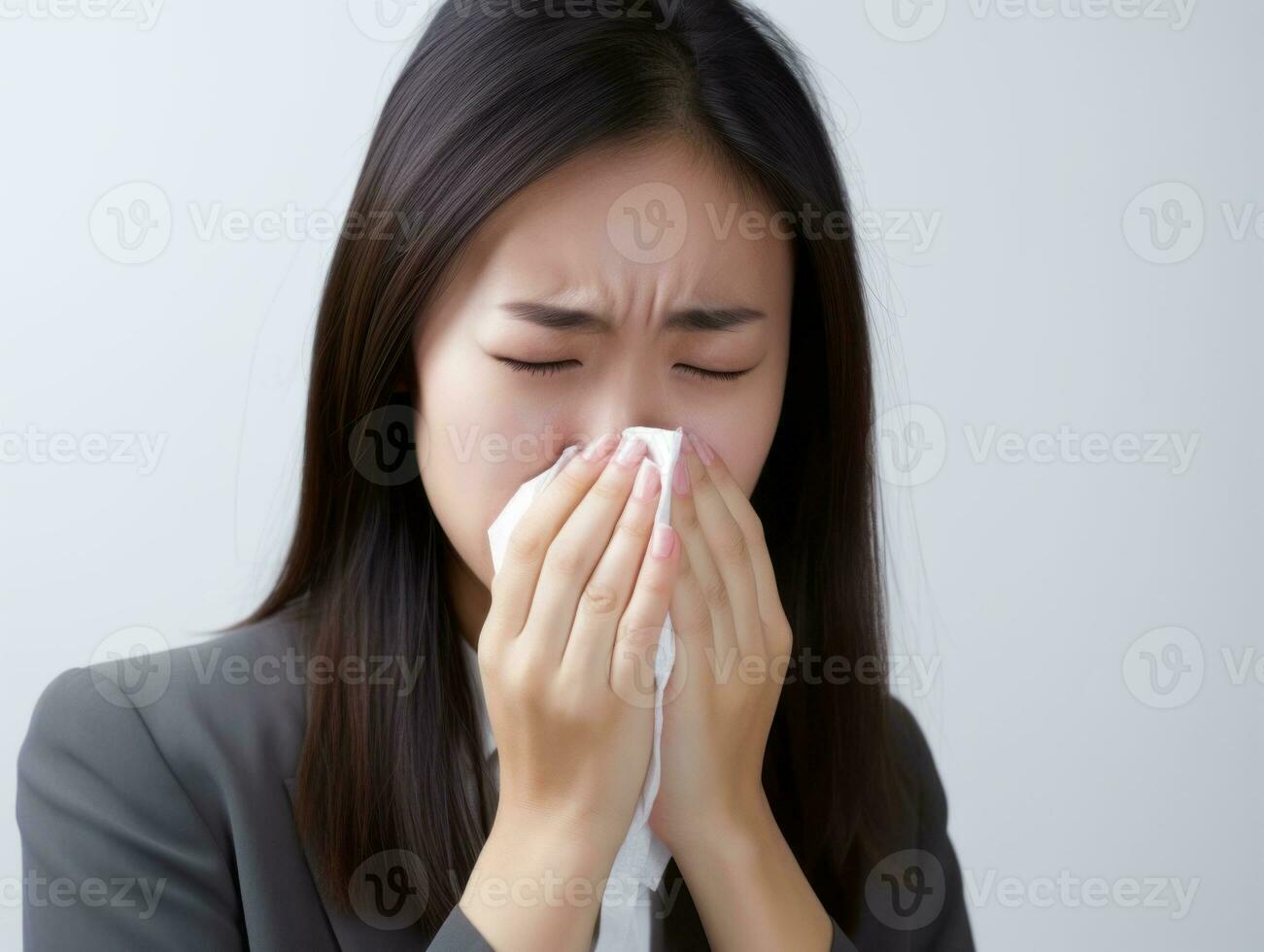 asiatico donna è mostrato sofferenza a partire dal freddo con che cola naso su grigio sfondo ai generativo foto