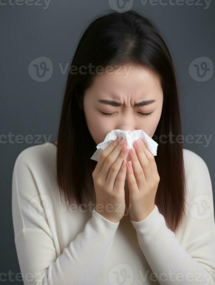 asiatico donna è mostrato sofferenza a partire dal freddo con che cola naso su grigio sfondo ai generativo foto