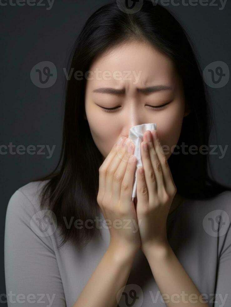 asiatico donna è mostrato sofferenza a partire dal freddo con che cola naso su grigio sfondo ai generativo foto