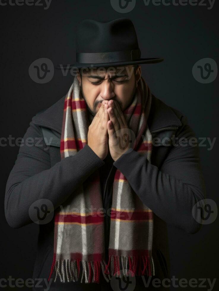 messicano uomo è mostrato sofferenza a partire dal freddo con che cola naso su grigio sfondo ai generativo foto