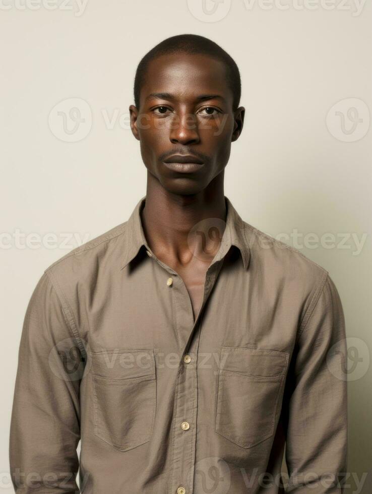 africano uomo è triste su un' minimalista neutro sfondo ai generativo foto