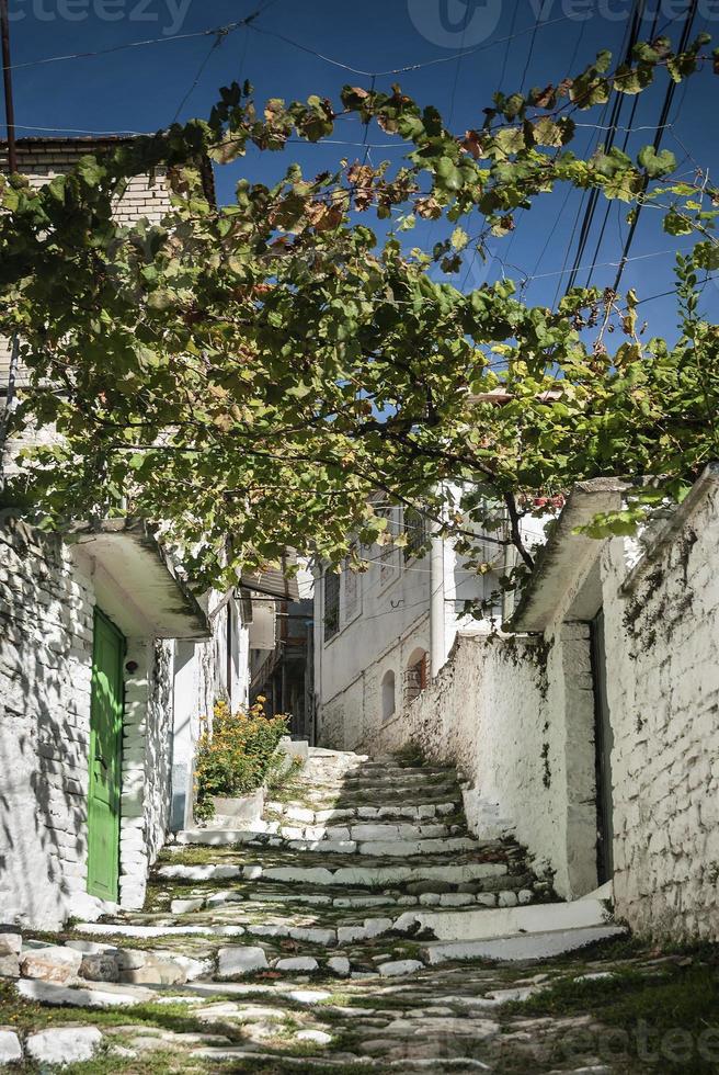 strada acciottolata nel centro storico di berat in albania foto