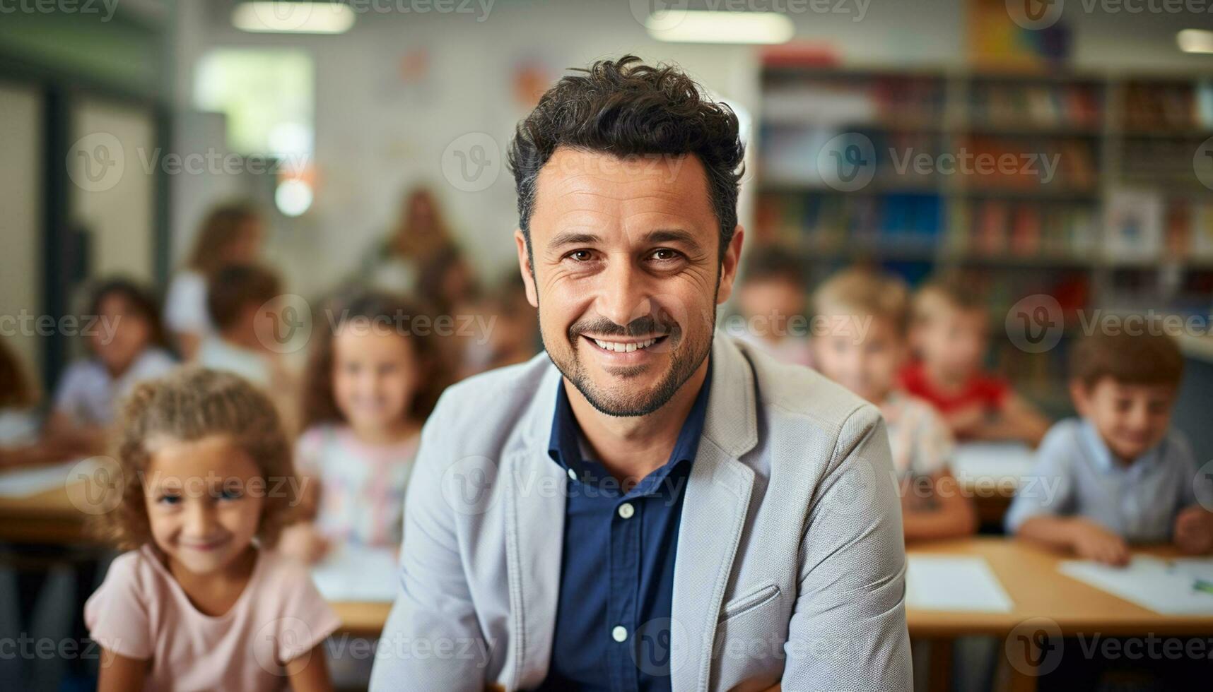 un' giovane maschio insegnante con un' luminosa Sorridi sta a il davanti di il suo aula, circondato di contento studenti chi siamo desideroso per imparare. generativo ai foto