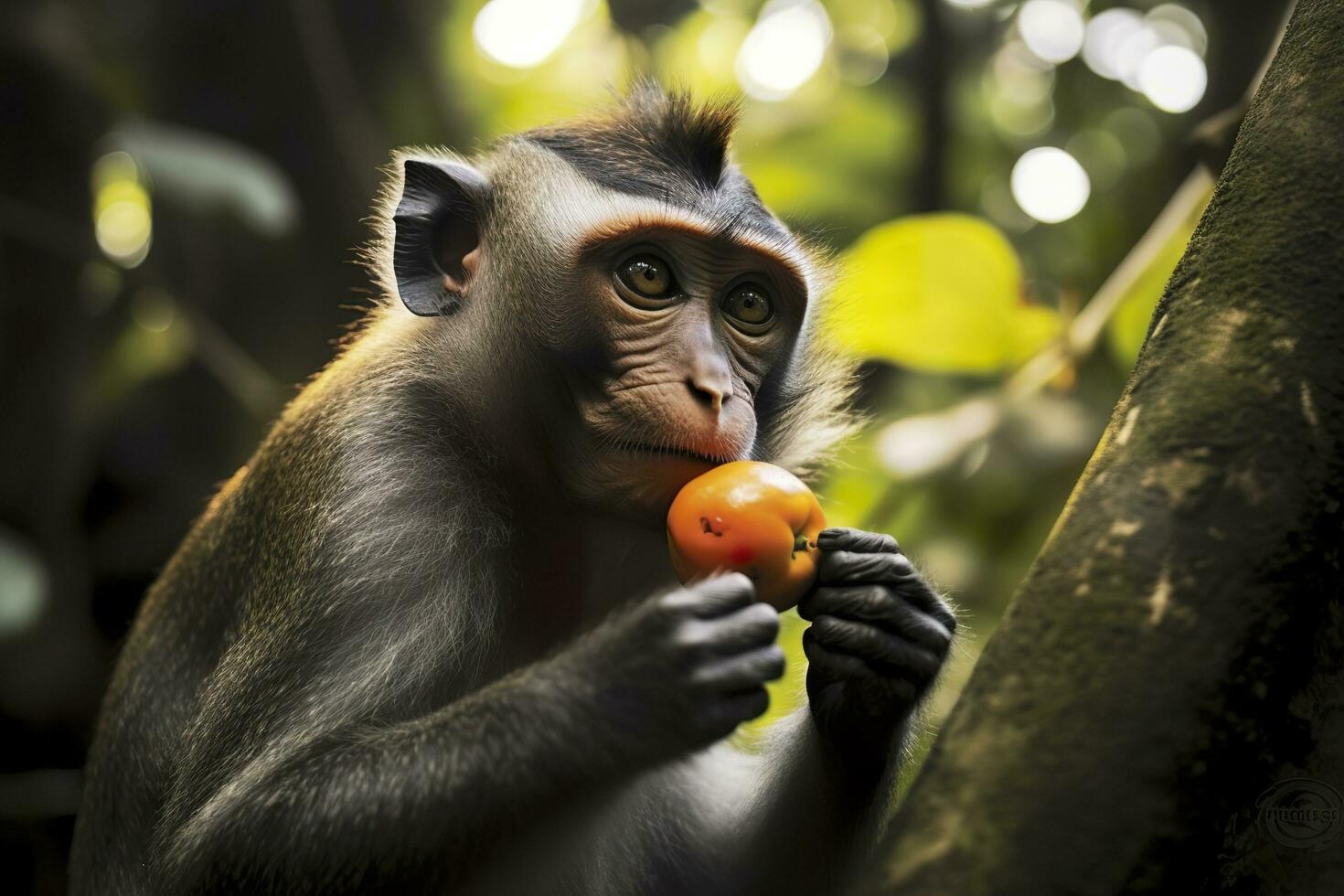 vicino su di scimmia mangiare frutta nel il giungla. generativo ai foto