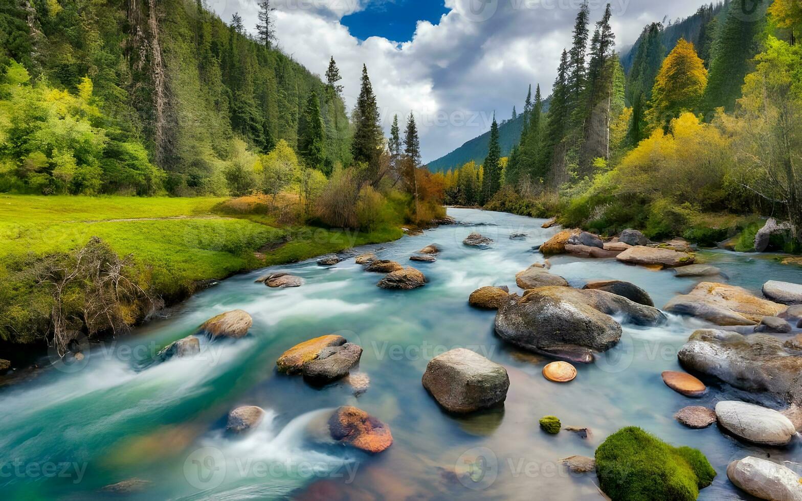 serenità svelato, un' tranquillo fiume serpeggiante attraverso il cuore di il incantevole foresta. ai generato foto