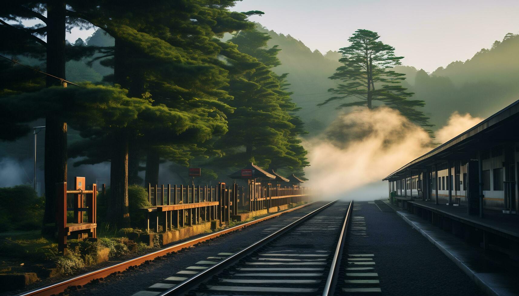 un' silenzioso treno stazione con un' fondale di montagne e pino alberi ai generativo foto