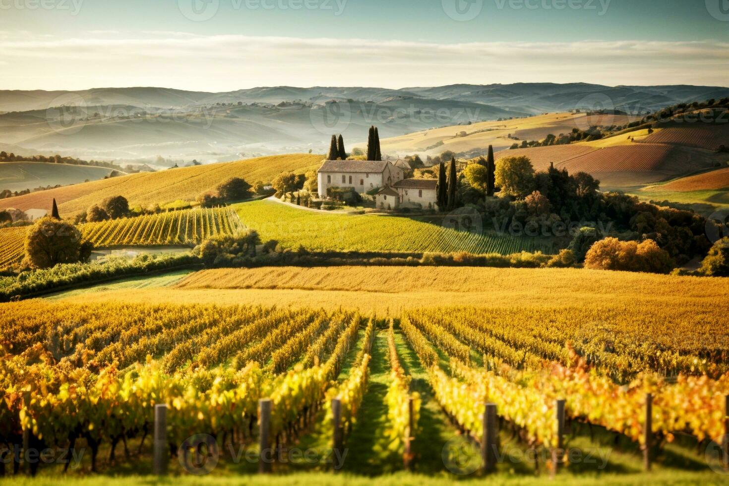 francese italiano spagnolo vigneto scenario con lontano edifici case Chiesa. commerciale appello. ampio testo spazio. ai generativo foto