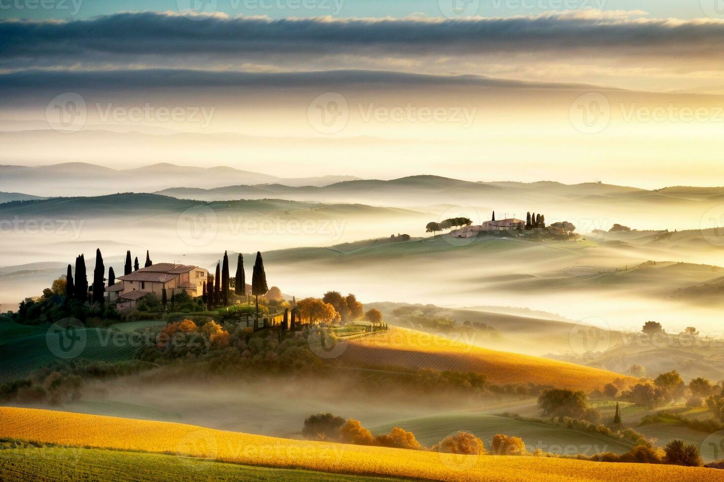 autunnale francese italiano spagnolo nazione scenario con colline alberi lontano villaggio. commerciale appello. ampio testo spazio. ai generativo foto