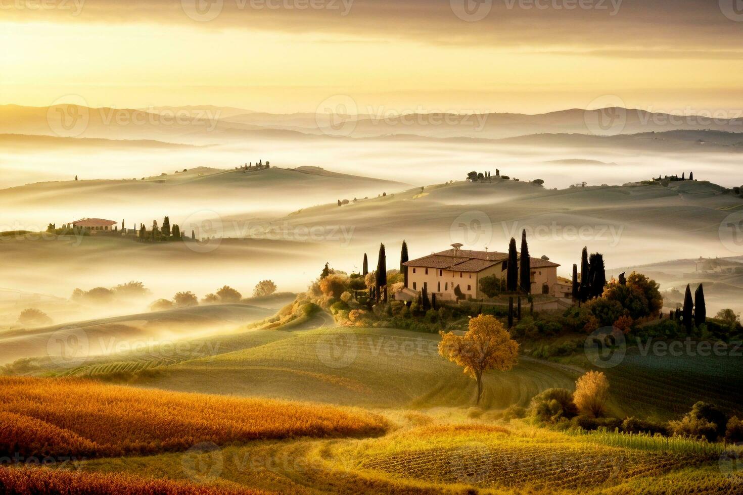 autunnale francese italiano spagnolo nazione scenario con colline alberi lontano villaggio. commerciale appello. ampio testo spazio. ai generativo foto