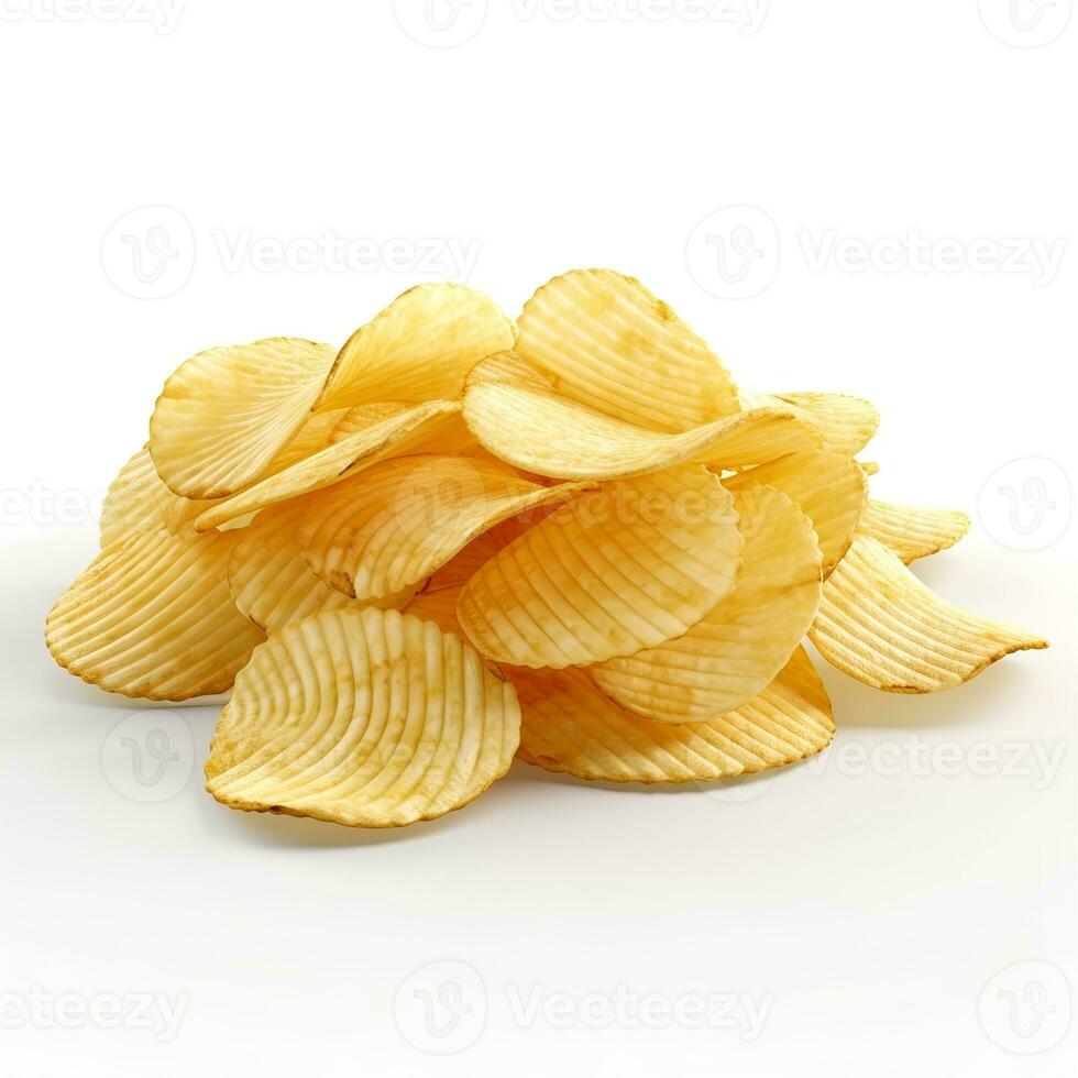avvicinamento mucchio di Patata patatine fritte su bianca sfondo. generativo ai foto