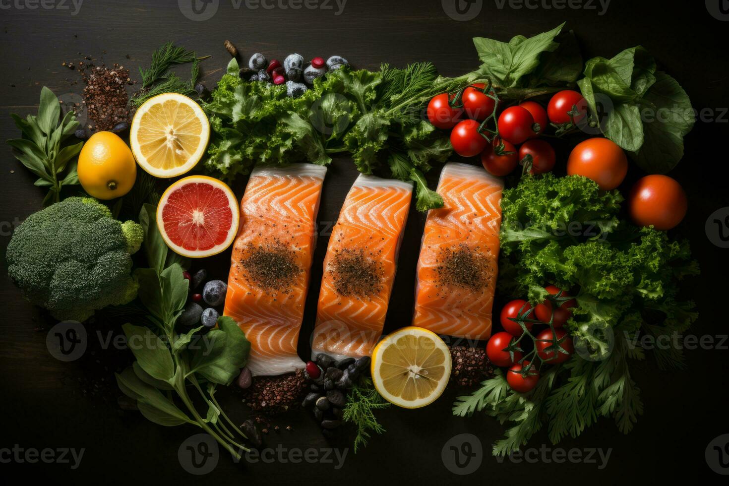 condimenti, la verdura, frutta e Alimenti su buio sfondo. Visualizza a partire dal sopra. generativo ai foto