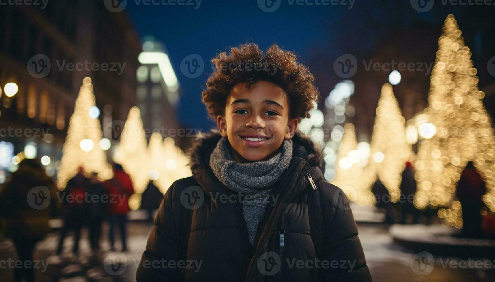 un' bella poco ragazzo nel un' caldo cappotto salta felicemente giù un' innevato strada, sua viso illuminato su con il eccitazione di Natale e il bellezza di il inverno Paese delle meraviglie in giro suo. generativo ai foto