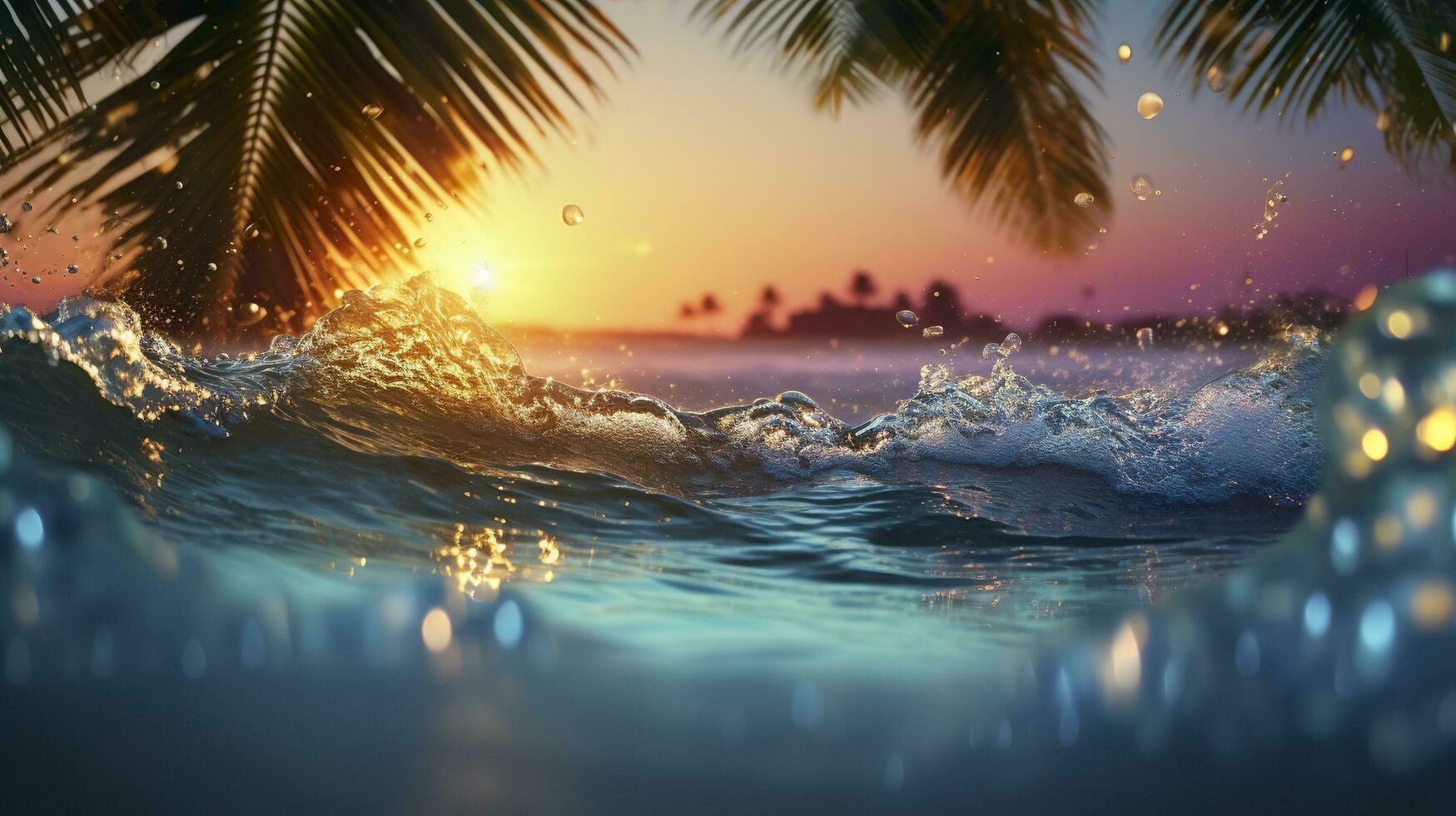 spiaggia con onde e Noce di cocco alberi a tramonto. generativo ai foto