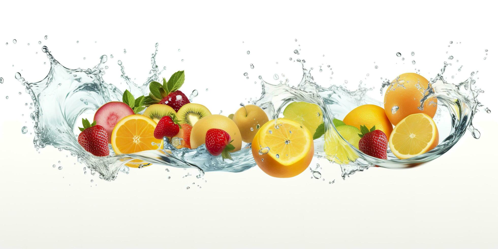 turbine acqua spruzzo con frutta. liquido flusso con ghiaccio cubi e un' mescolare di fresco frutta. generativo ai foto