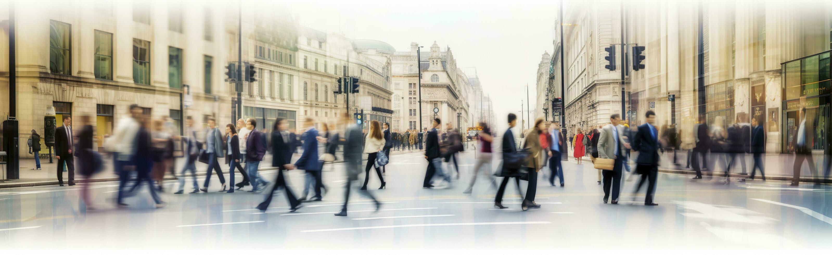 a piedi persone sfocatura. molte di persone camminare nel il città di Londra. largo panoramico Visualizza di persone attraversamento il strada. ai generato foto