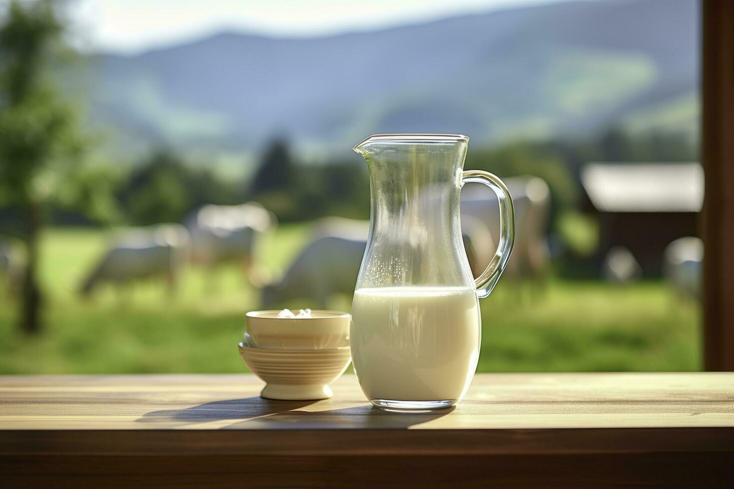 bicchiere brocca con fresco latte su un' di legno tavolo. ai generato foto