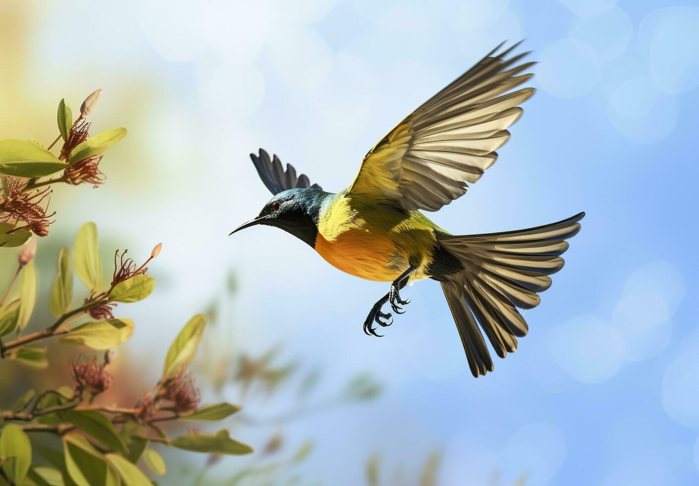 oliva sostenuto uccello solare, giallo panciuto sunbird volante nel il luminosa cielo. generativo ai foto