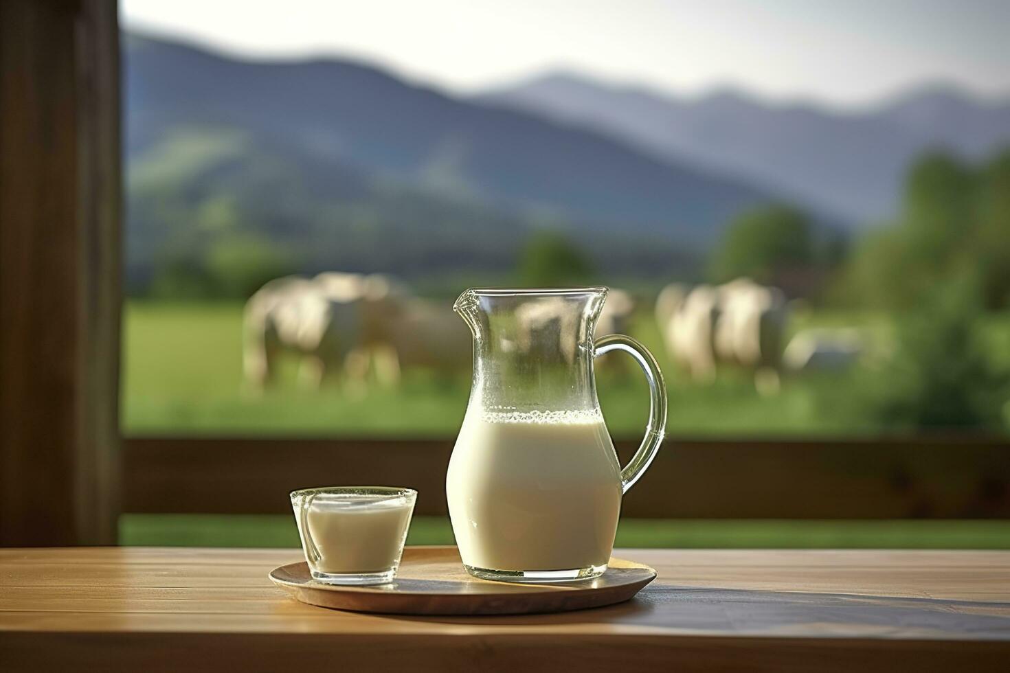 bicchiere brocca con fresco latte su un' di legno tavolo. ai generato foto