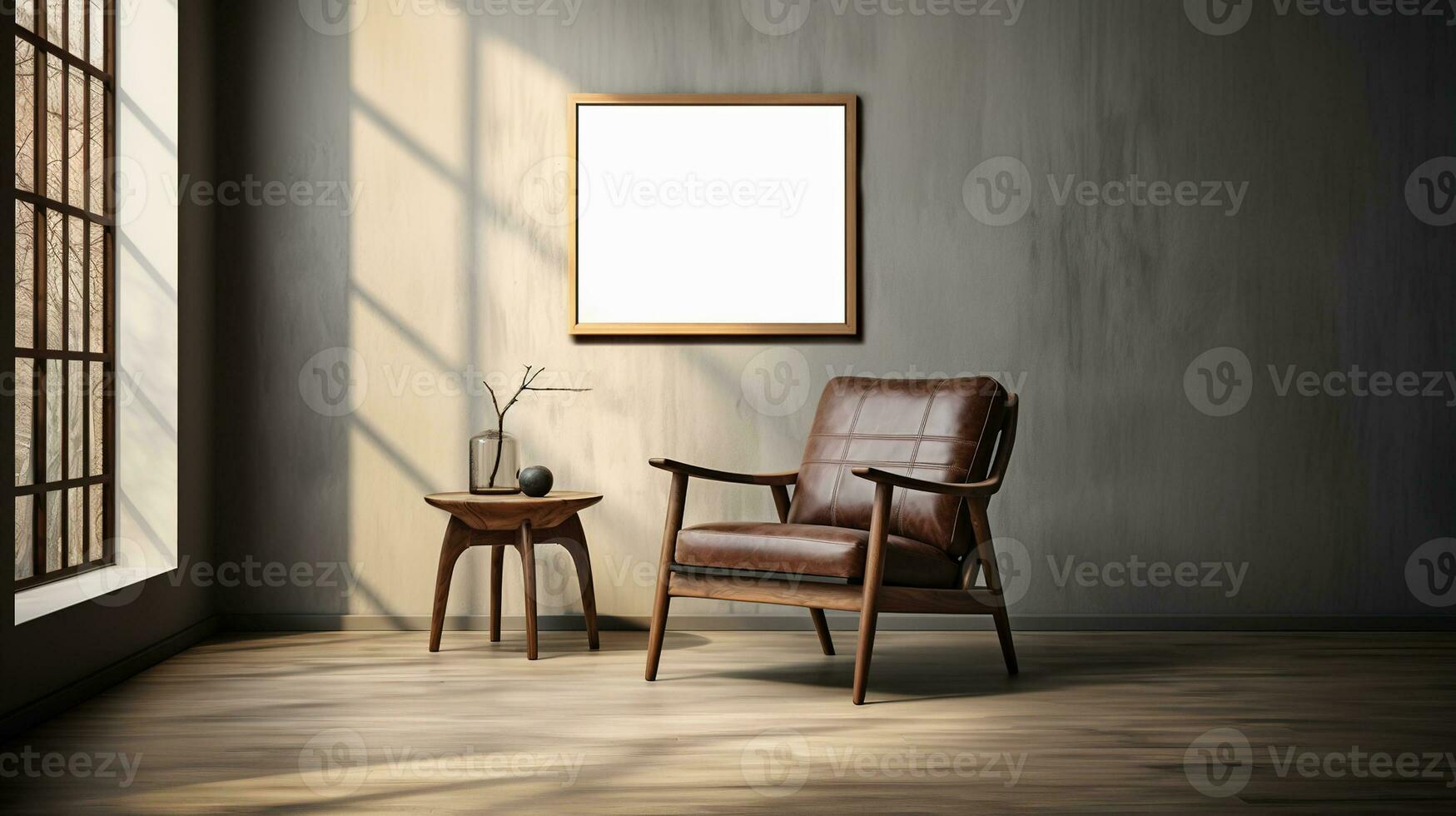 generativo ai, manifesto telaio modello nel beige e Marrone vivente camera interno, wabi sabi minimalismo stile foto