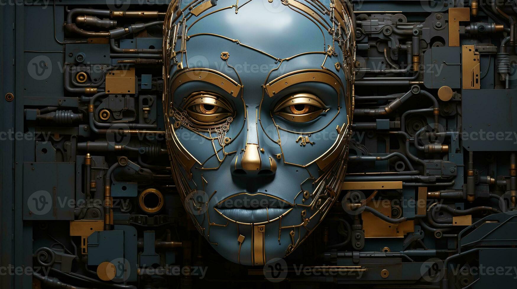 generativo ai, astratto robotica viso su arrugginito Vintage ▾ metallo sfondo, geometrico forme foto