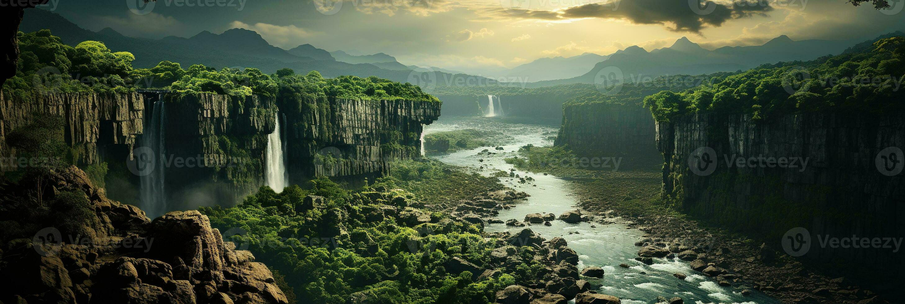 generativo ai, bellissimo verde amazon foresta paesaggio, foresta pluviale giungla con cascate foto