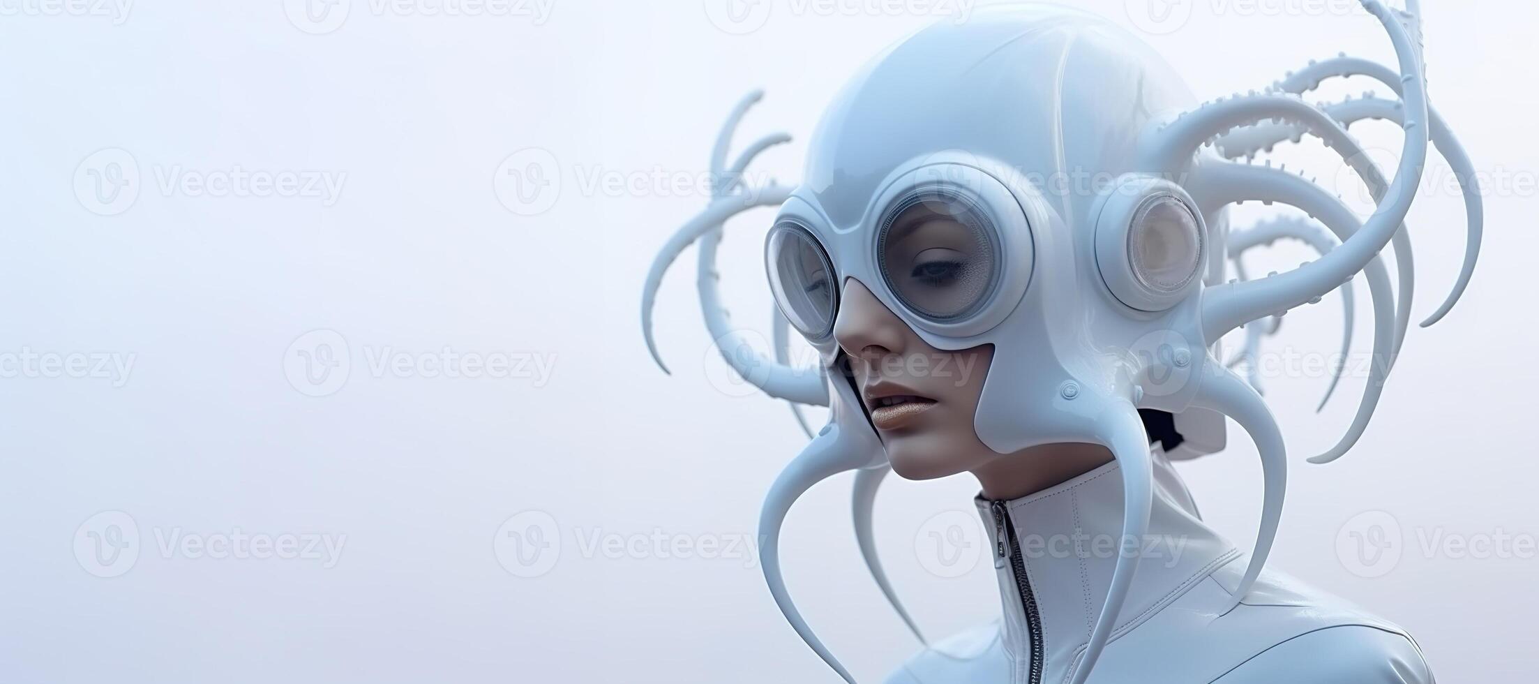 generativo ai, donna nel plastica blu polpo piace maschera, alto Tech futurismo, minimalista bellezza foto