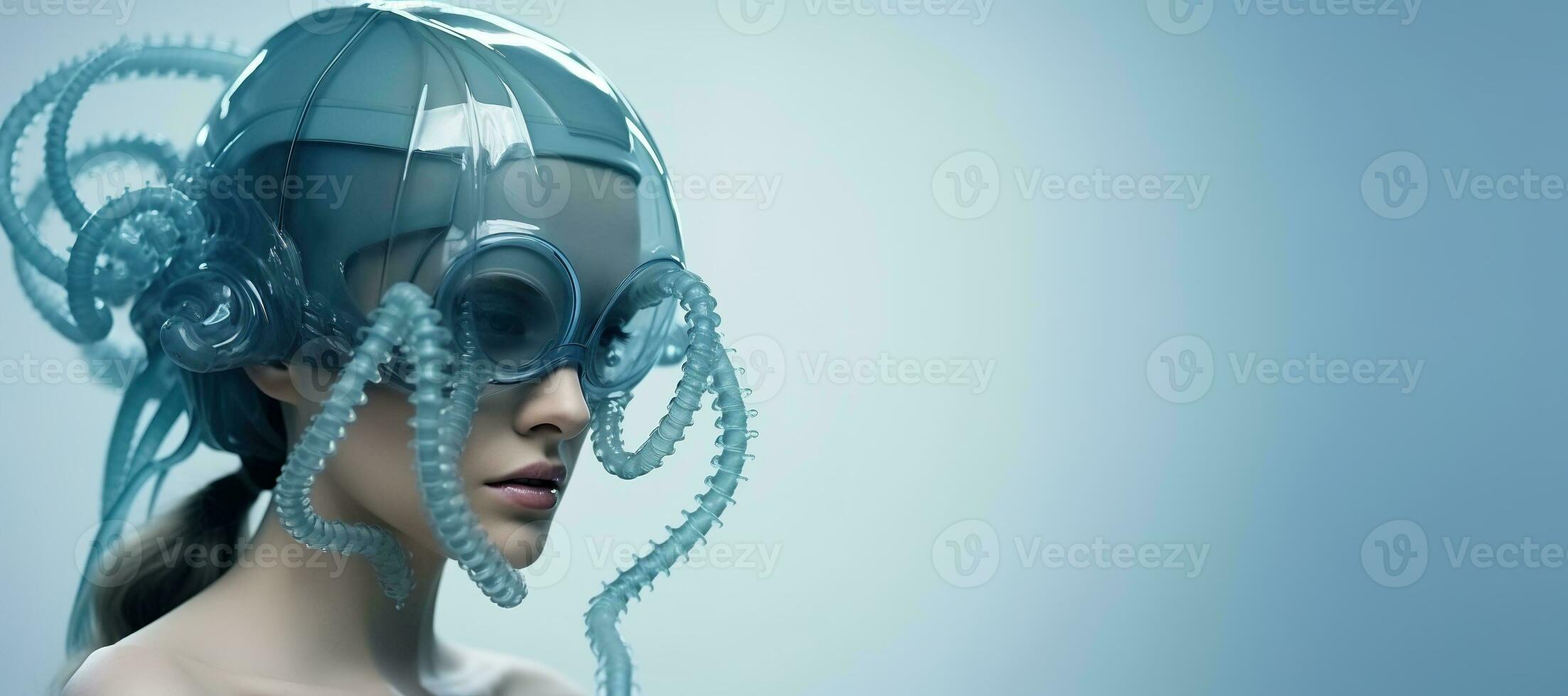generativo ai, donna nel plastica blu polpo piace maschera, alto Tech futurismo, minimalista bellezza foto