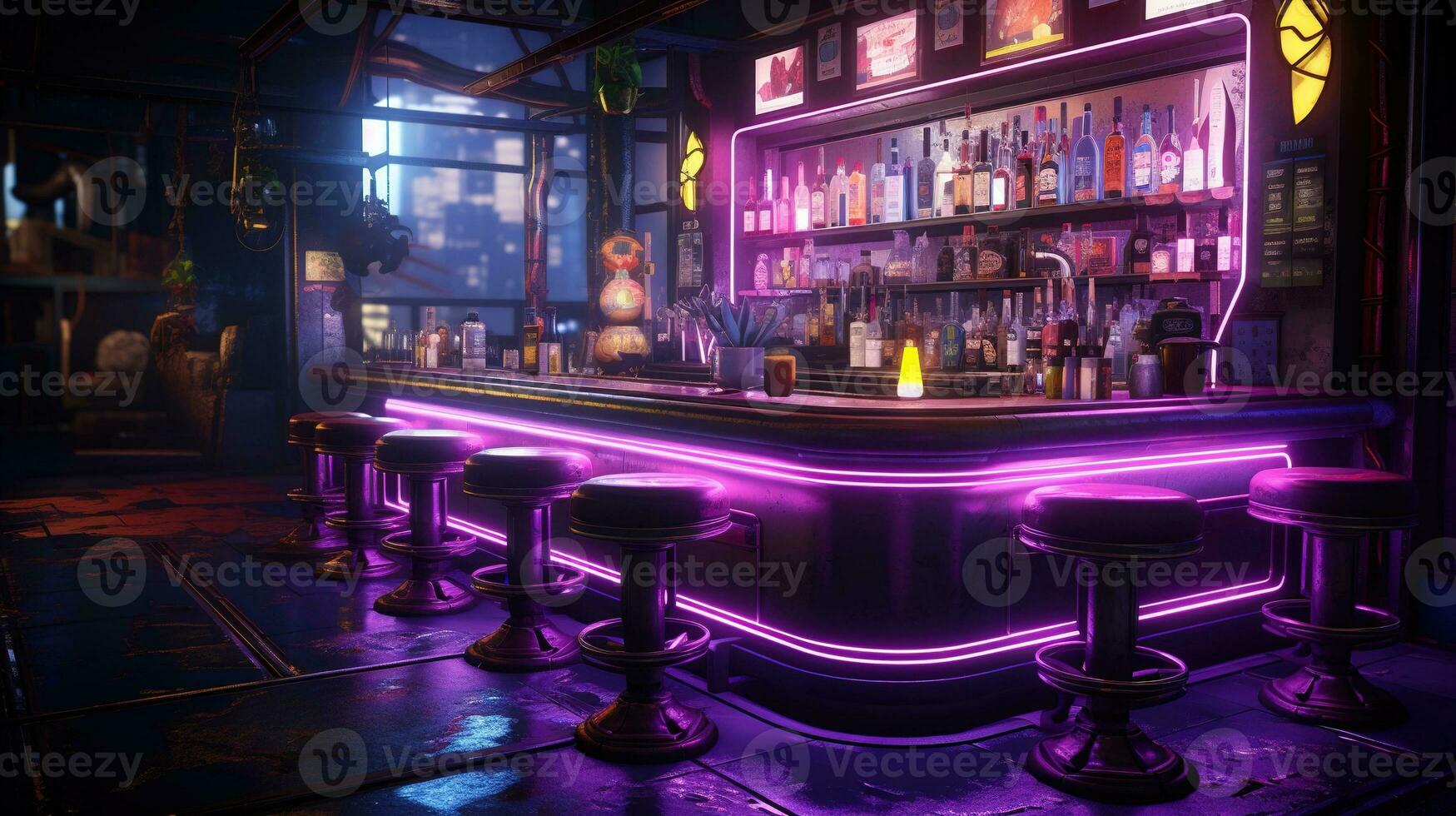 generativo ai, cyberpunk stile bar o bar. notte scena di grande città, futuristico nostalgico anni 80, anni 90. neon luci vivace colori, fotorealistico orizzontale illustrazione. foto