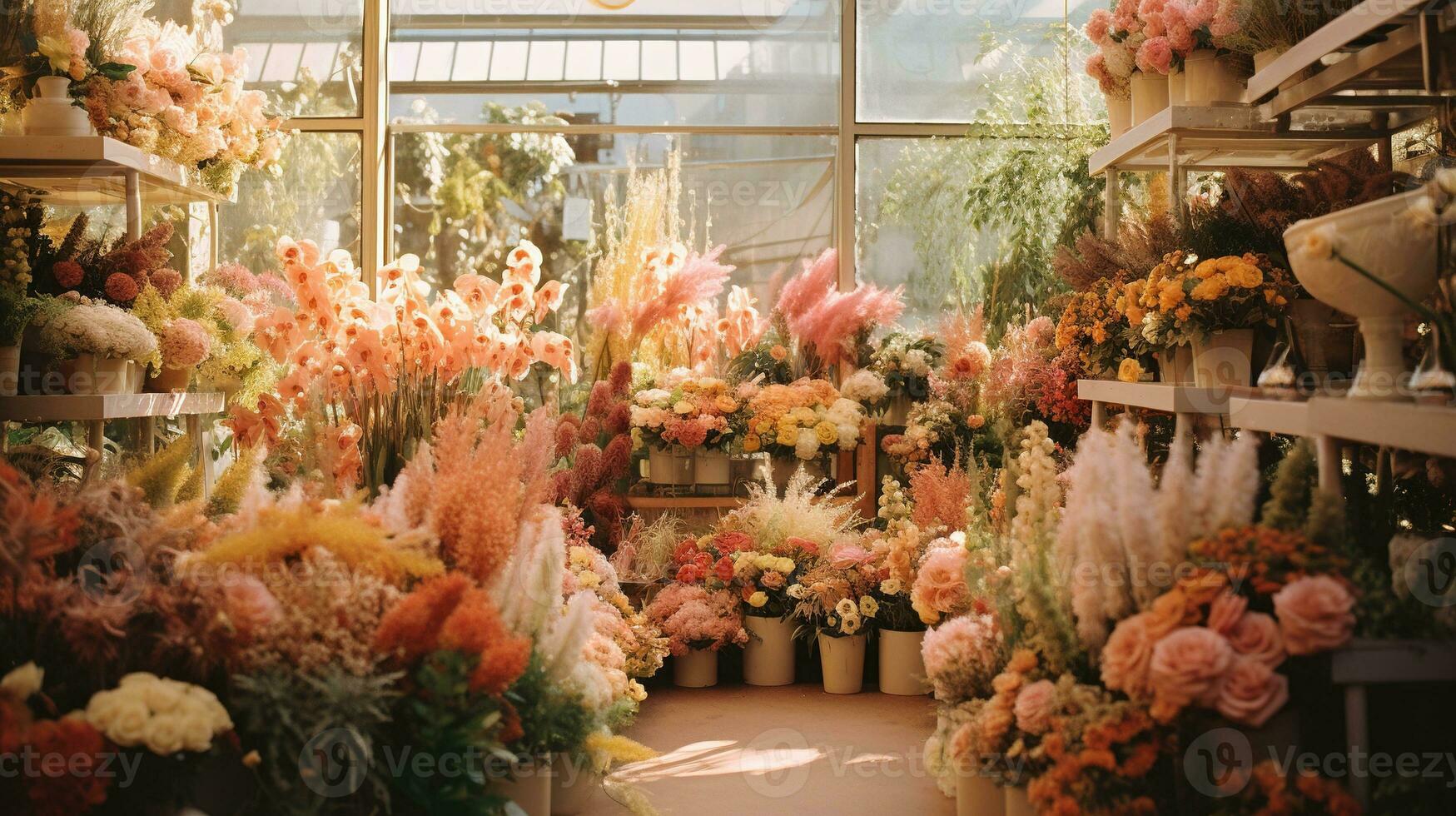 generativo ai, strada floreale negozio con colorato fiori, estetico smorzato colori foto