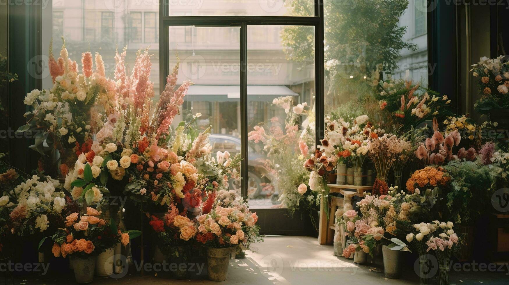 generativo ai, strada floreale negozio con colorato fiori, estetico smorzato colori foto