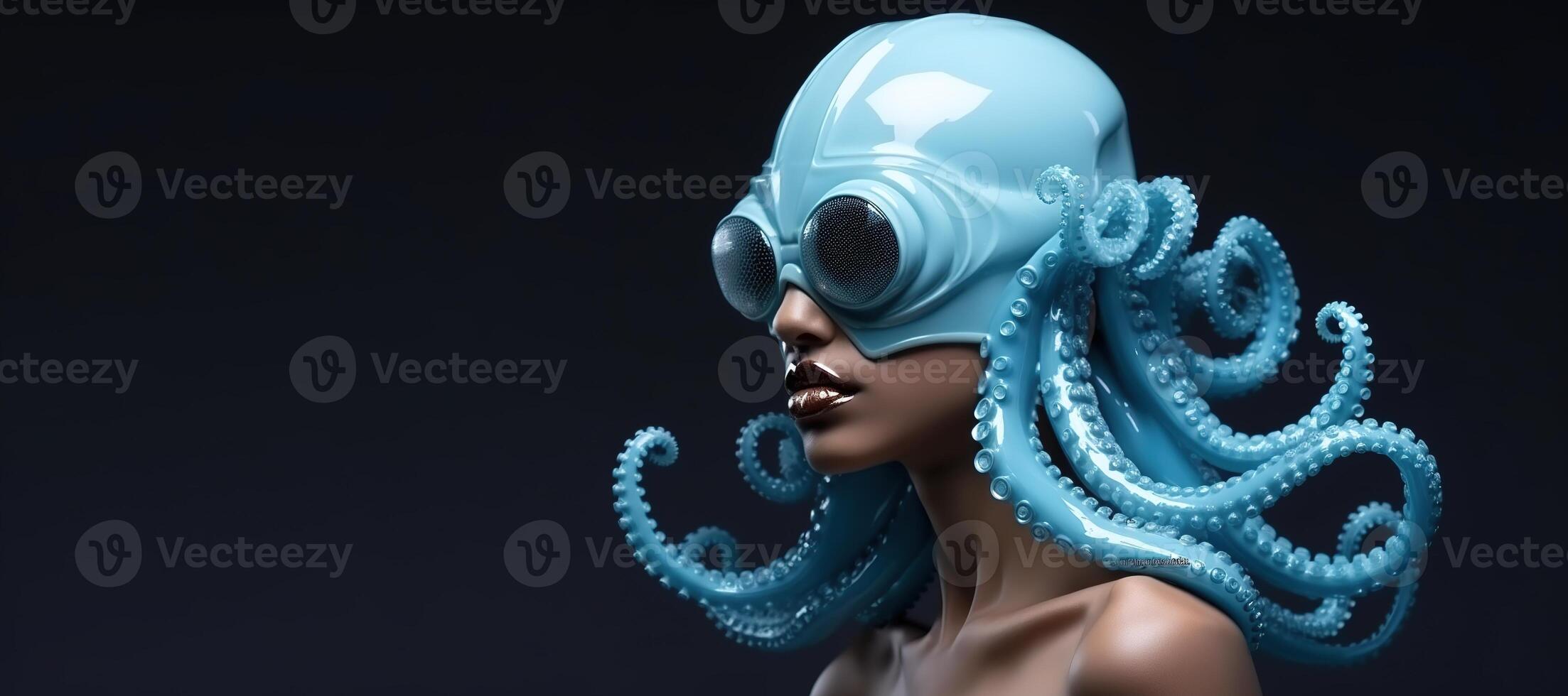 generativo ai, donna nel plastica blu polpo piace maschera, alto Tech futurismo, minimalista bellezza foto