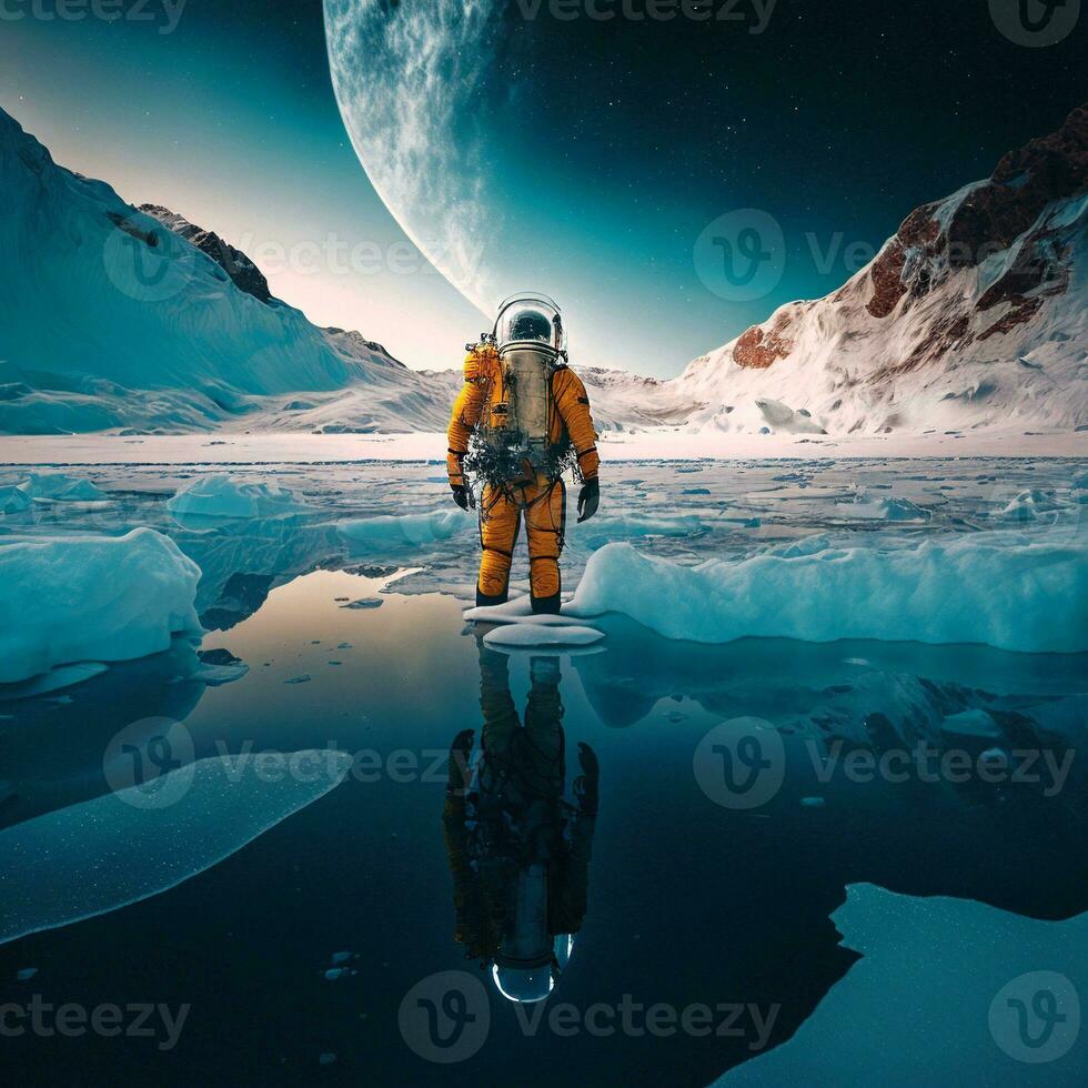 cosmico spedizione cosmonauta su congelato pianeta generativo ai foto