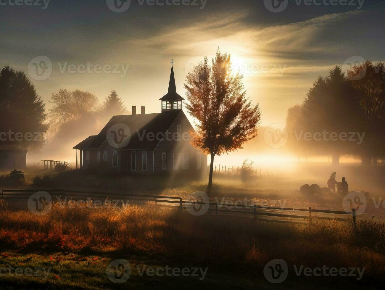 un' bellissimo amish Chiesa nel il americano campagna su un' nebbioso mattina, generativo ai foto