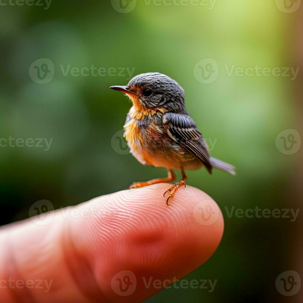 incantevole ai generato macro minuscolo uccello arroccato su un' dito foto