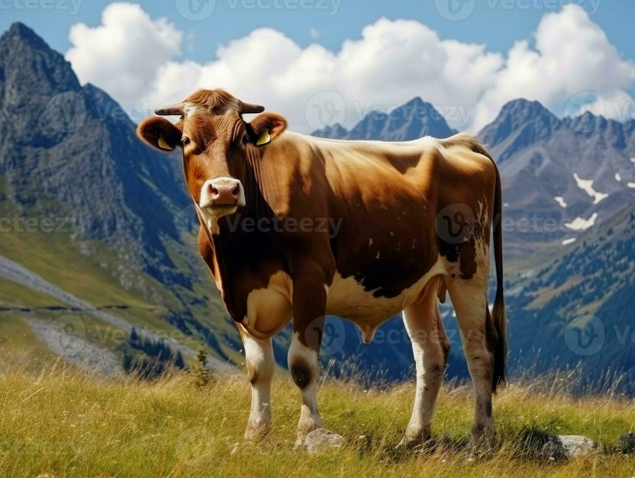 ai generato paesaggio maestoso mucca pascolo nel il alp montagne foto