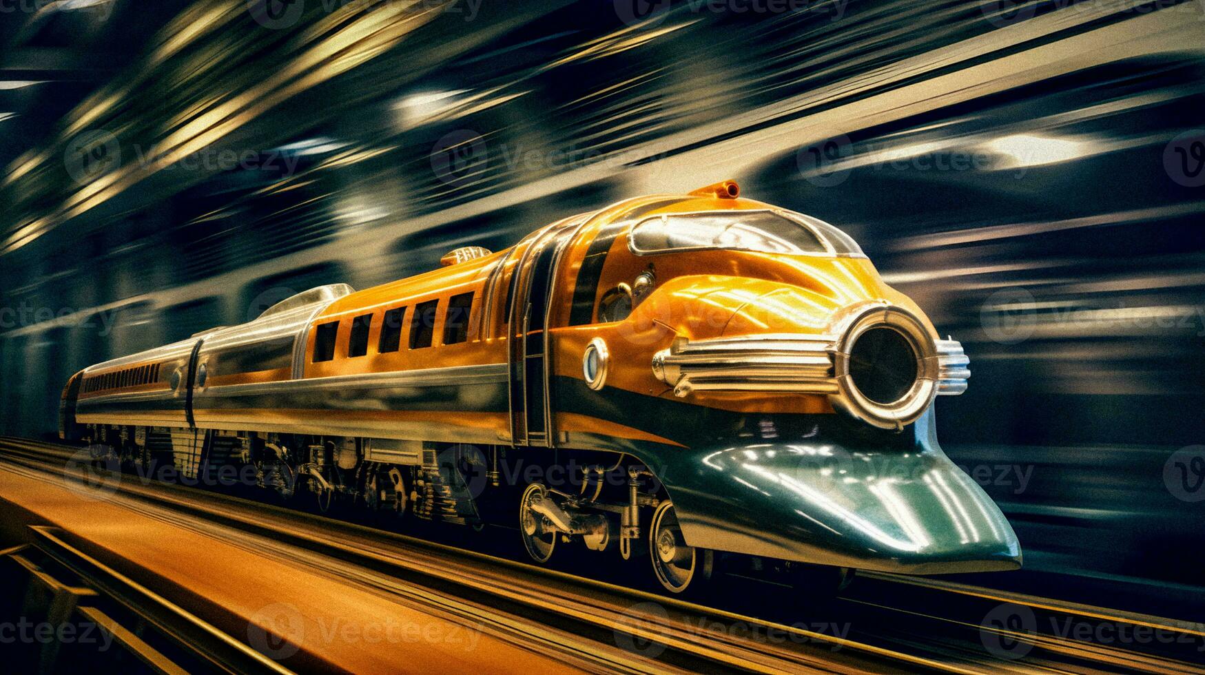 retrofuturistico steampunk treno nel alto velocità panning tiro generativo ai foto