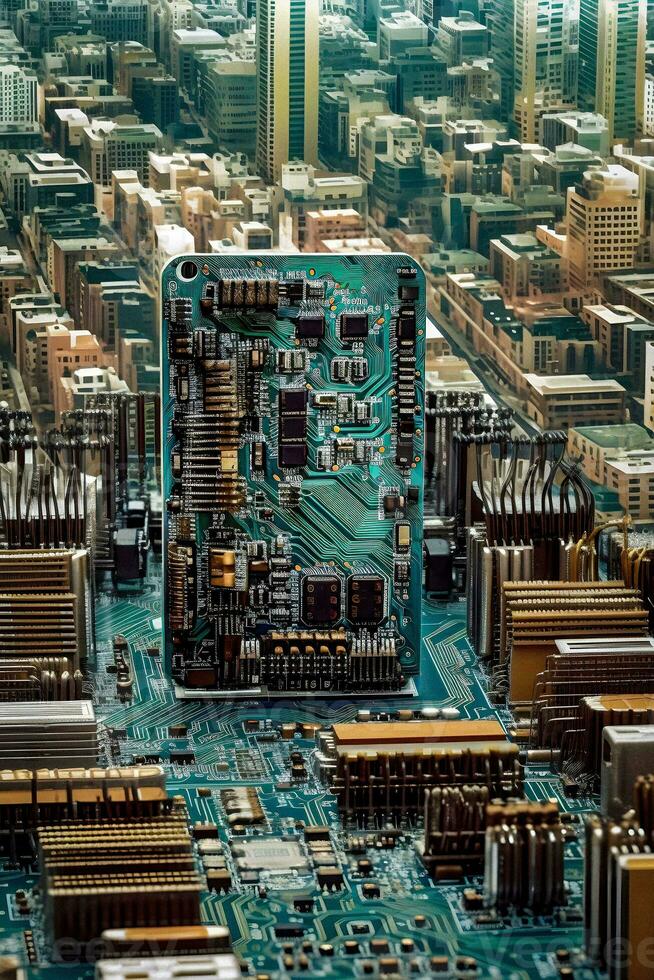 artificiale intelligenza paesaggio urbano urbano miniatura su circuito tavola foto