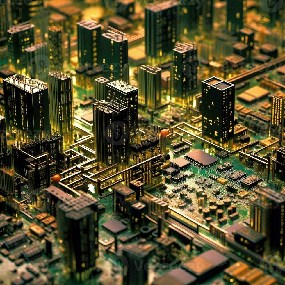 artificiale intelligenza paesaggio urbano urbano miniatura su circuito tavola foto