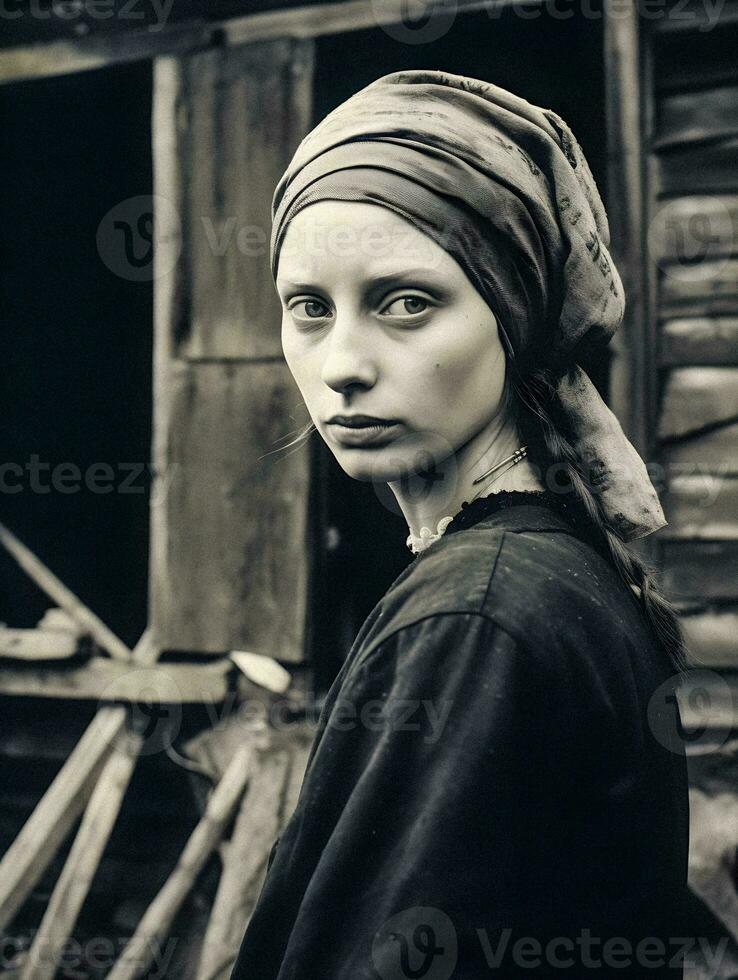 resiliente bellezza giovane donna con foulard, ragazza con un' perla orecchino stile, grande depressione era generativo ai foto