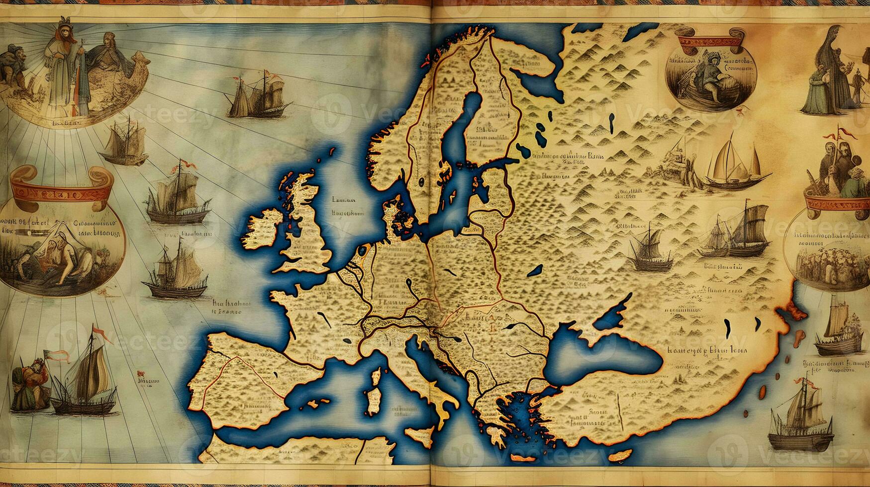 medievale carta geografica di Europa su vecchio pergamena generativo ai arte foto