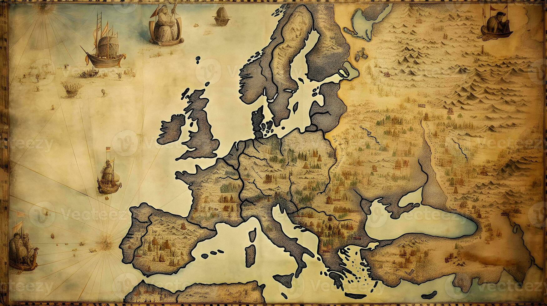 medievale carta geografica di Europa su vecchio pergamena generativo ai arte foto