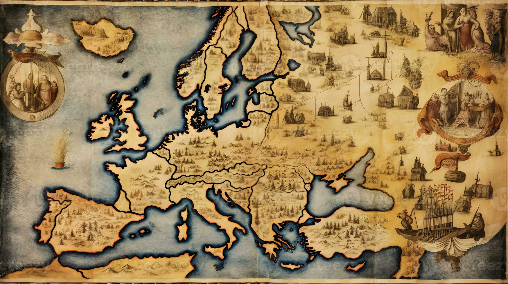 medievale carta geografica di Europa su vecchio pergamena generativo ai arte foto