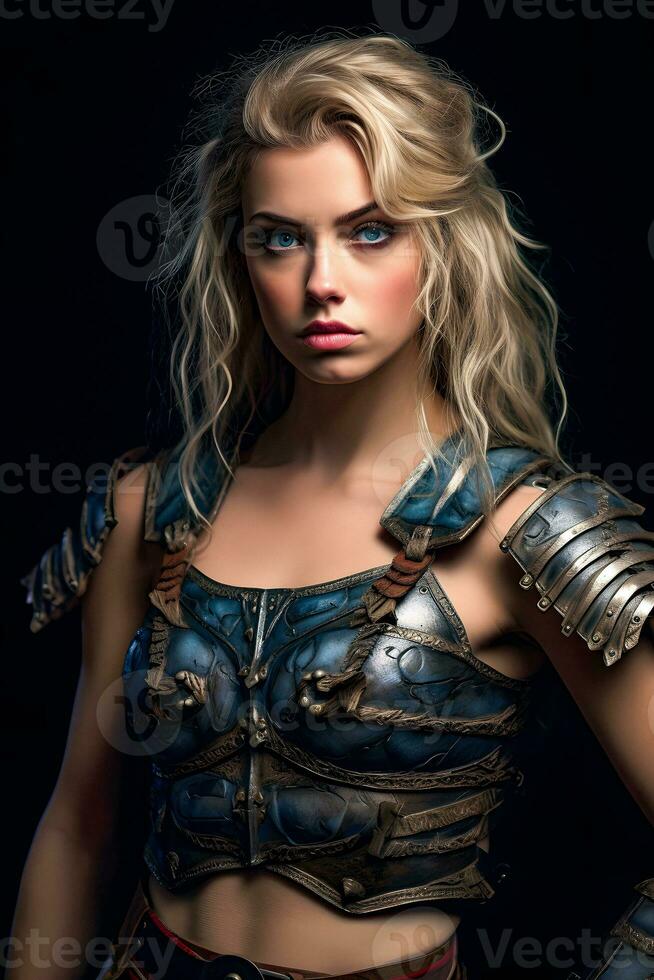 guerriero fanciulla un' bellissimo giovane femmina Gladiatore vichingo con biondo capelli e blu occhi generativo ai foto