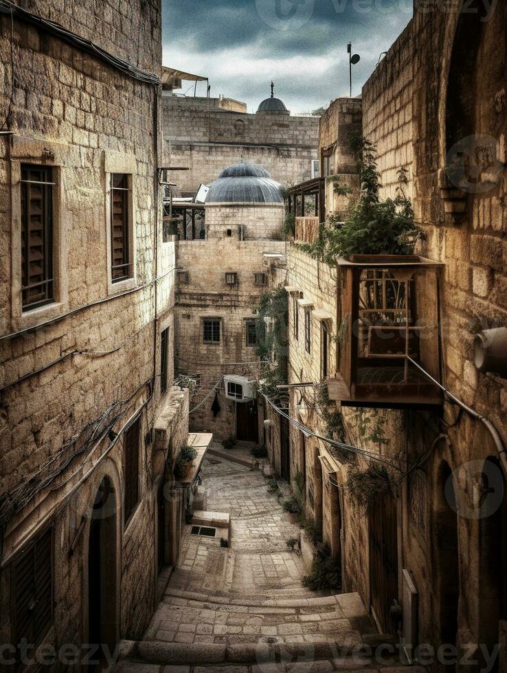 un vuoto vicolo nel il vecchio città di Gerusalemme generativo ai foto