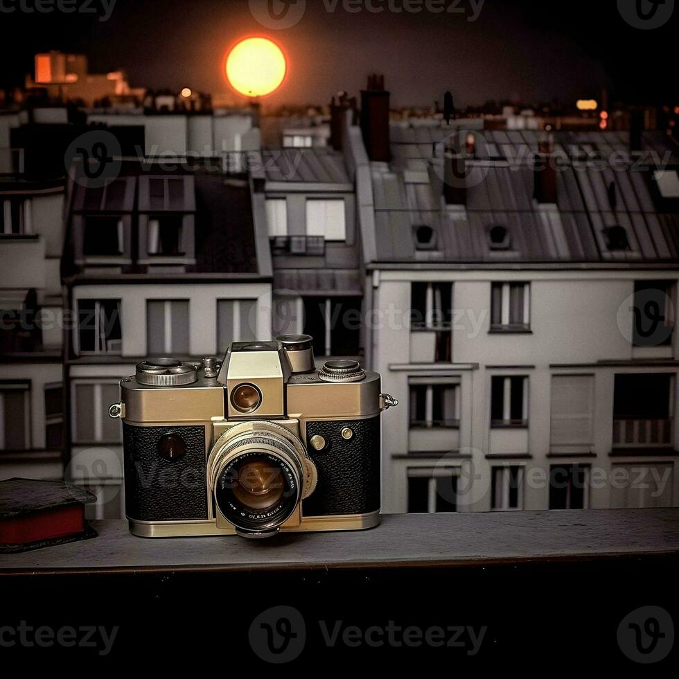 Vintage ▾ telecamera e parigino tetti a notte. generativo ai. foto