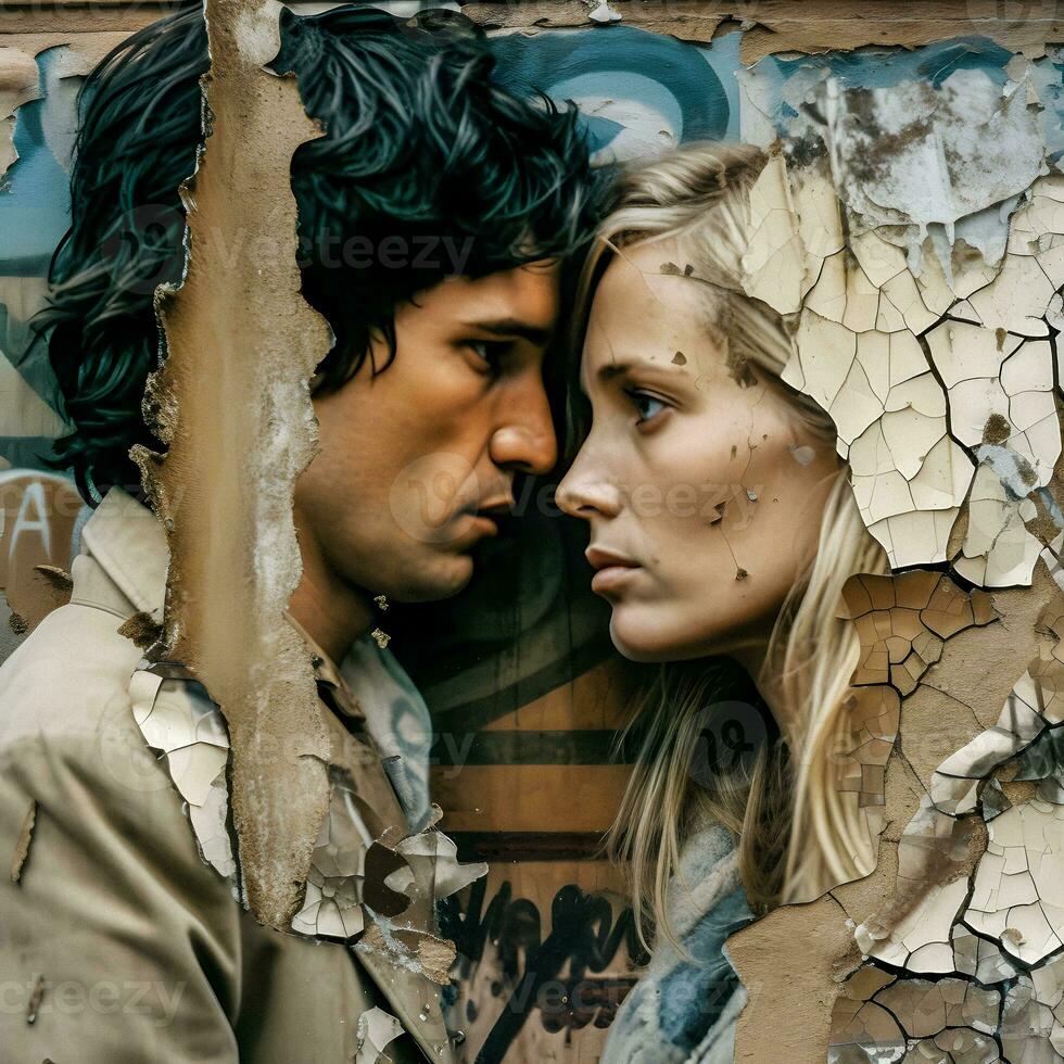 moderno profilo ritratto di un' coppia nel un' strappato parete collage. generativo ai. foto