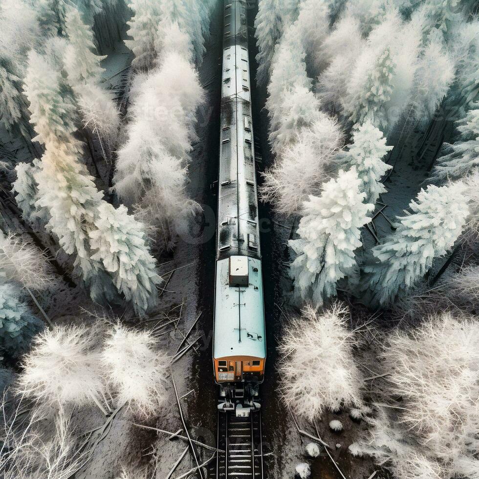 aereo Visualizza di treno nel nevoso inverno foresta. generativo ai. foto