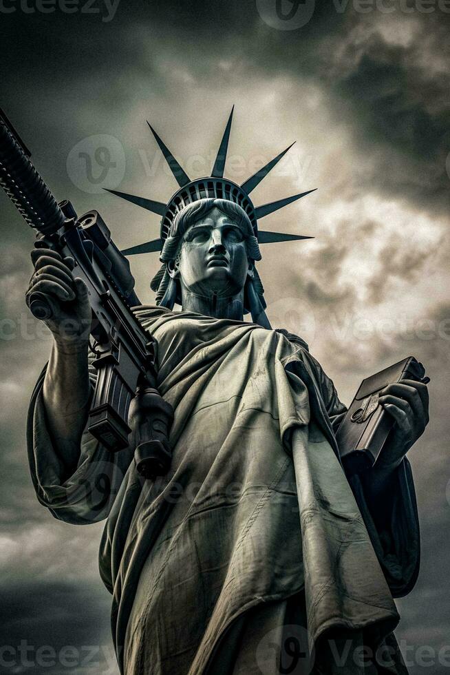 statua di libertà con mitragliatore pistola simboleggiante quelle americane complesso relazione con armi da fuoco e libertà. generativo ai. foto