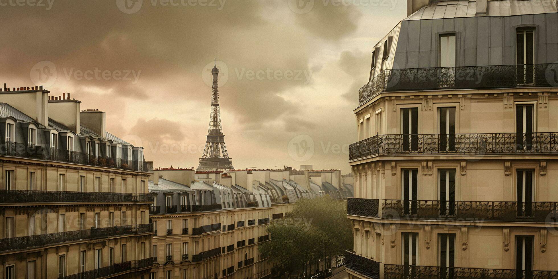 drammatico panoramico Visualizza di Parigi con eiffel Torre su nuvoloso giorno - generativo ai foto