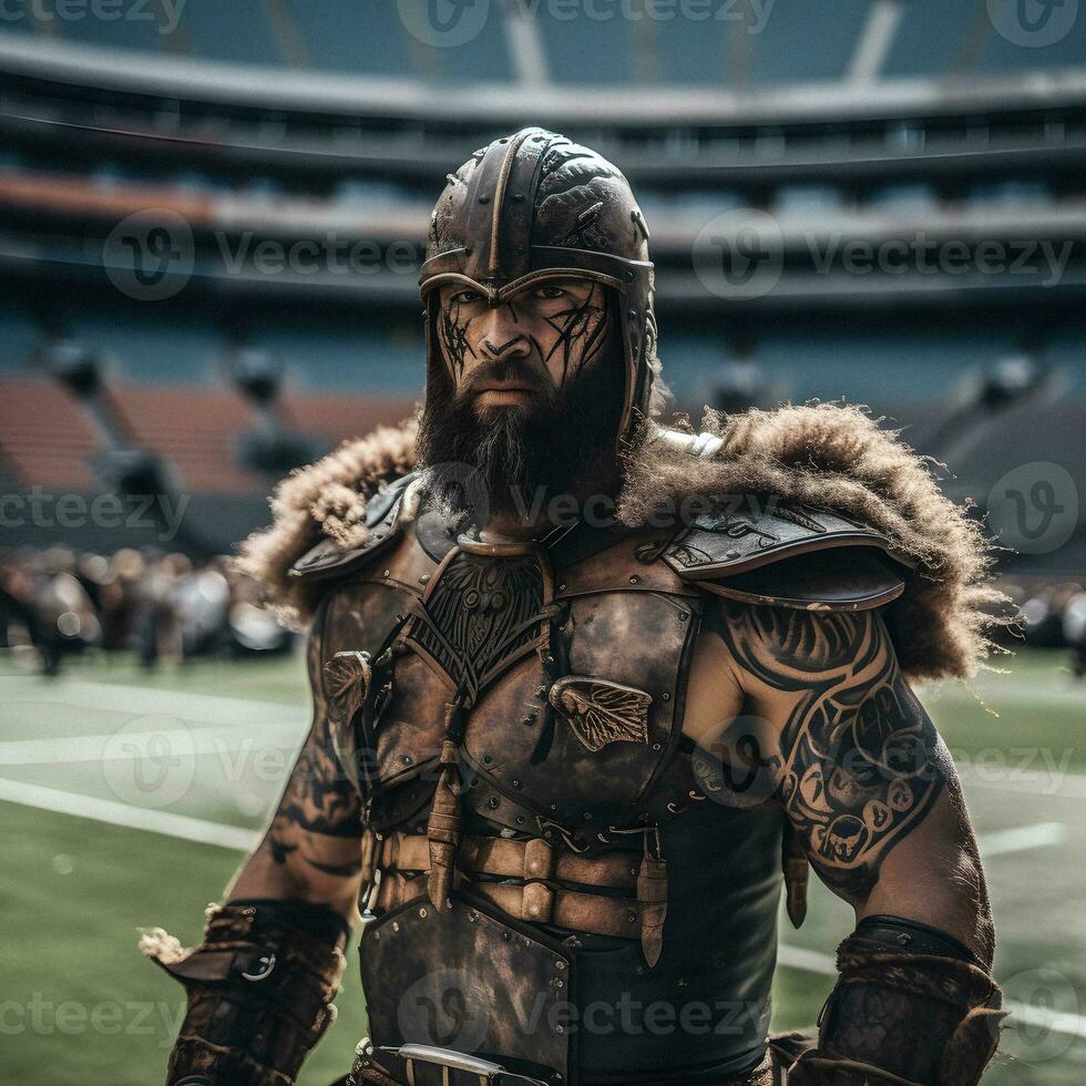 moderno vichingo Gladiatore a un americano calcio stadio. generativo ai. foto